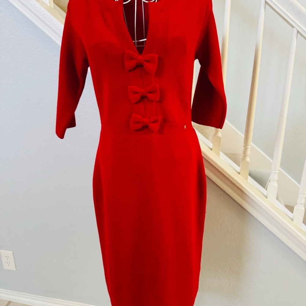 CH Carolina Herrera Women's Bow-Detailed Wool Red Dress Sz M